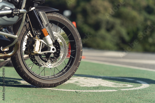 motorcycle in a sunny motorbike on the road riding.with sunset light. copyspace for your individual text.On the road.