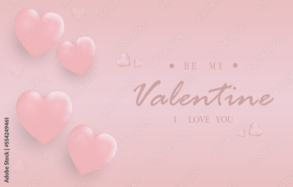 Happy Valentine's Day with calligraphy text. Horizontal banner for the website. Romantic background with realistic design elements, gift box, metal hearts, balloons in the shape of heart.