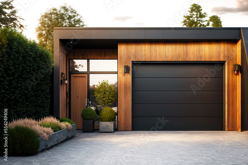 Canvas Print Modern expensive wooden villa with garage scandinavian style house exterior