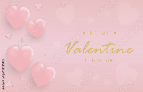 Happy Valentine's Day with calligraphy text. Horizontal banner for the website. Romantic background with realistic design elements, gift box, metal hearts, balloons in the shape of heart.
