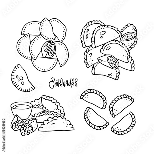 Hand drawn linear sketch style empanadas collection. Top and side view on plate with sauce, single and group meals. Typical Latino America spanish fast food set. Vector illustration isolated on white