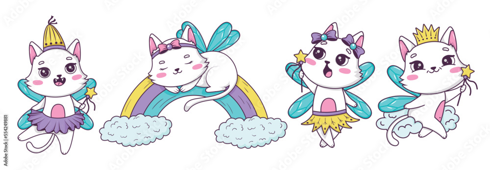 Bundle of drawn cute cartoon cats fairy with a magic wand in different poses in doodle style