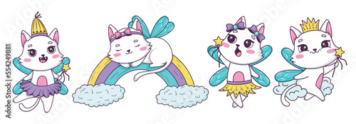 Bundle of drawn cute cartoon cats fairy with a magic wand in different poses in doodle style