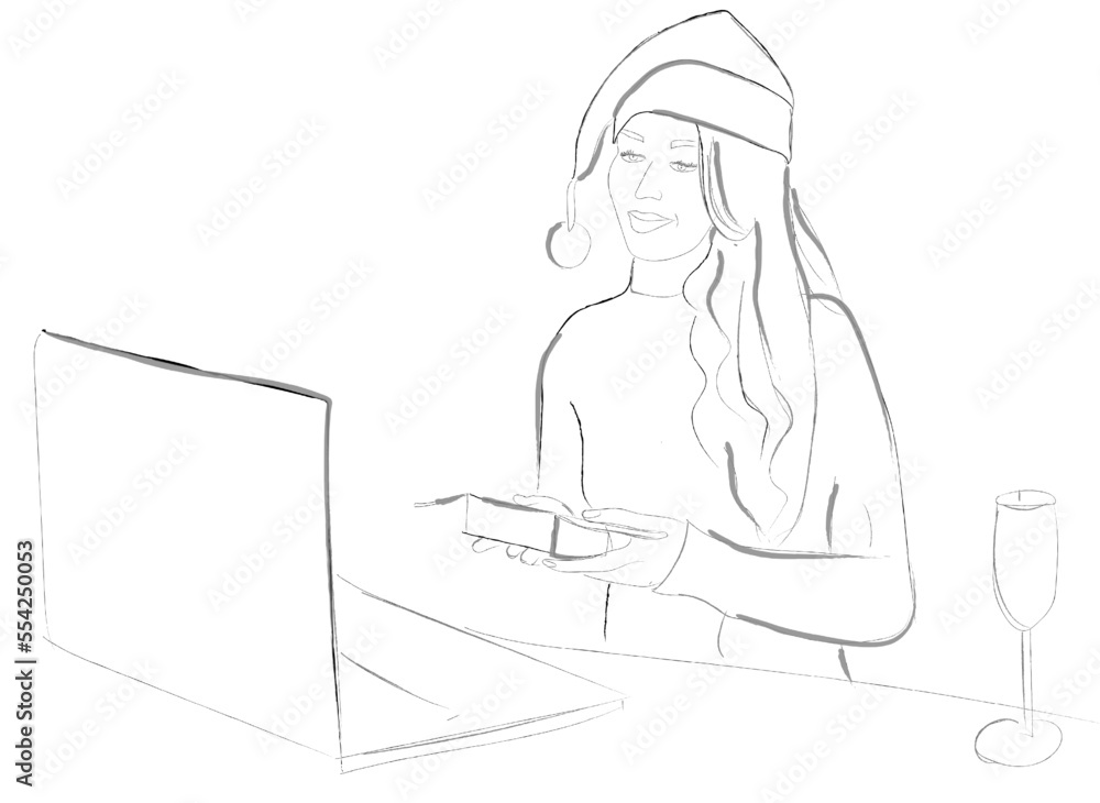 Woman at a laptop celebrating Christmas online meeting Vector Woman at a laptop celebrating Christmas online meeting Vector