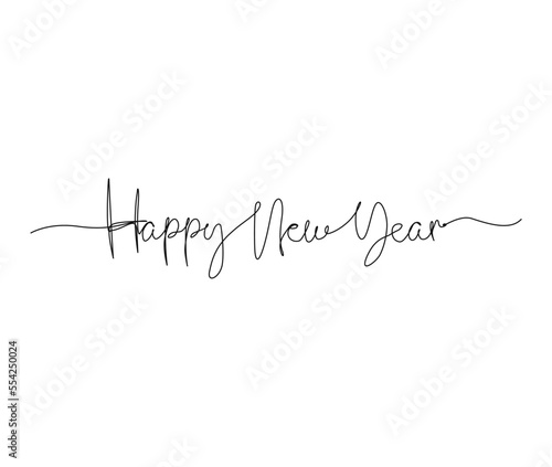 Continuous one line drawing of Happy New Year. Happy New Year handwritten lettering new year text vector.