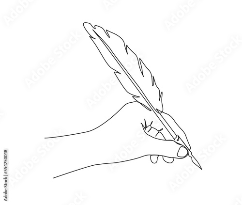 Continuous one line drawing of Hand holding  Quill Pen. Feather Pen Single Line Vector Design.