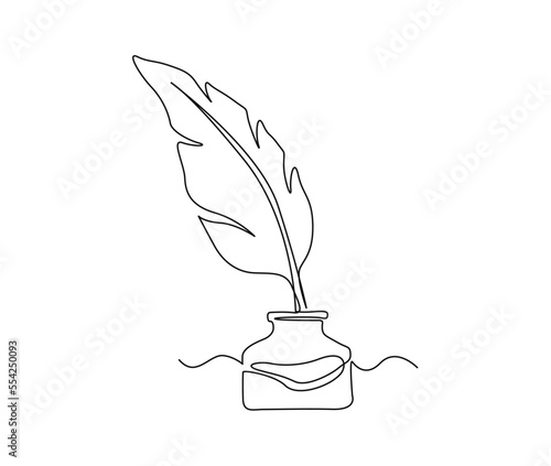 Continuous one line drawing of Quill Pen and ink. Feather Pen Single Line. Vintage writing equipment vector design.