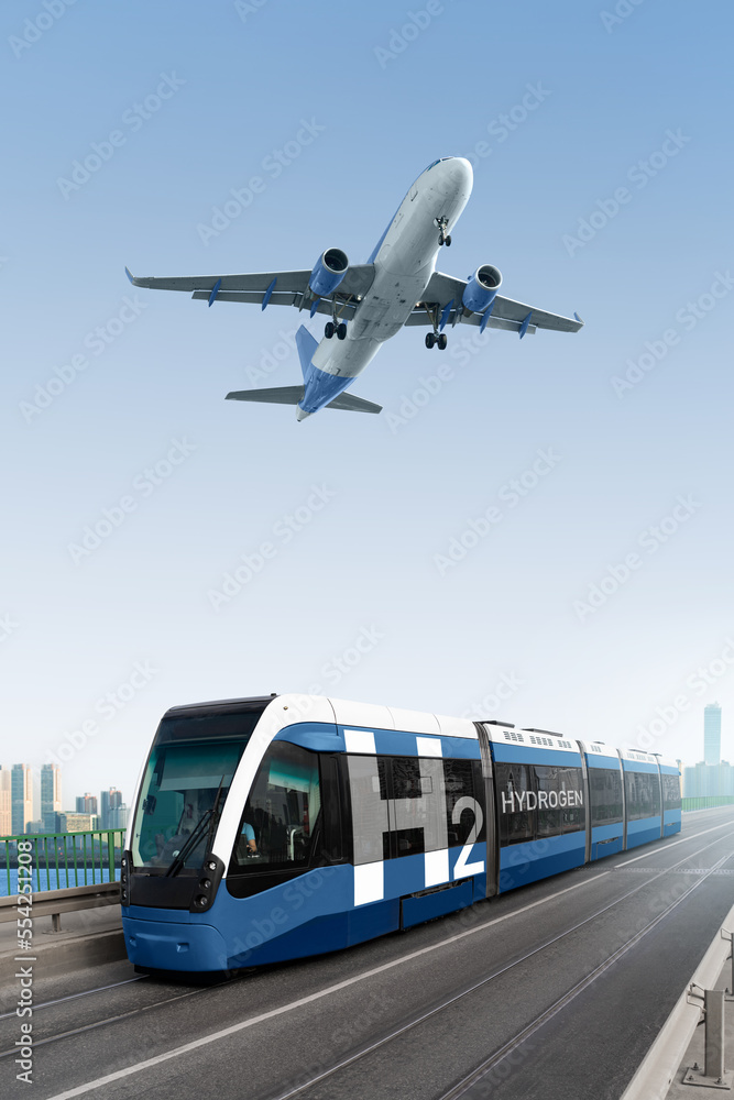 A hydrogen fuel cell tram and plane in the sky. Clean transportation concept