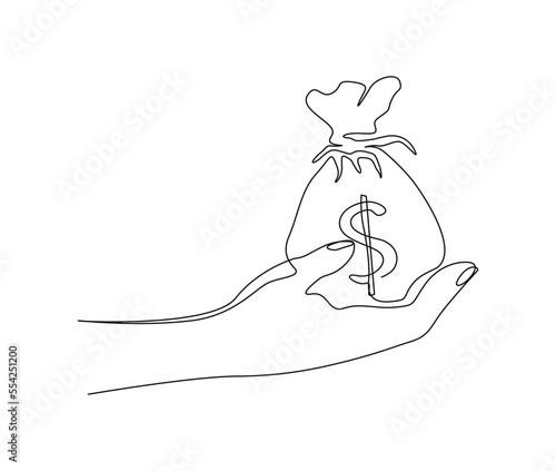 Continuous one line drawing of hand holding money bag. Money storage and investment single Line art. Saving, Investment and finance bank concept.