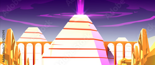 Pyramid desert landscape with complex illuminated sandstone soil on bright purple fantasy rays vector background. Ancient history, fantasy pyramid with purple color river. with the main bridge leading