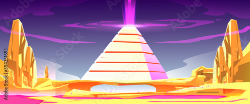 Pyramid desert landscape with complex illuminated sandstone soil on bright purple fantasy rays vector background. Ancient history, fantasy pyramids
