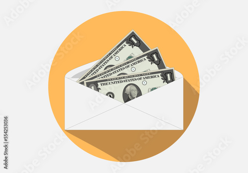 Icono de sobre abierto de billetes de dólar. Icono de sueldo, salario o paga. Pago o cobro en efectivo