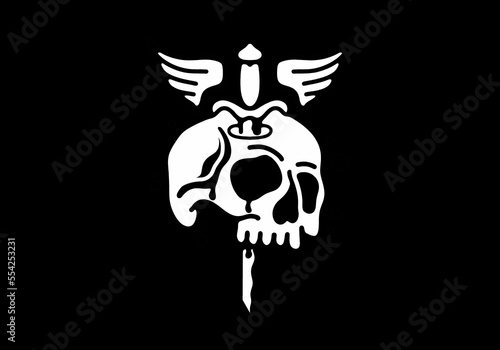 Black and white tattoo of skull, dagger and wings