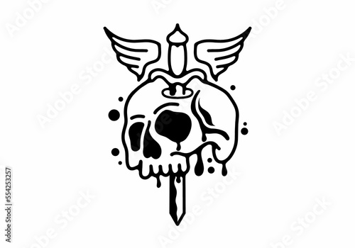 Black and white tattoo of skull, dagger and wings