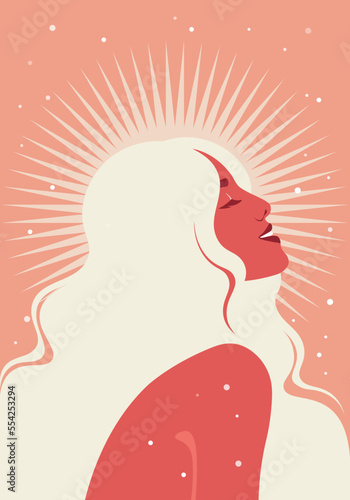 Portrait of a happy woman in profile. A face of a serene fashion model. Sunshine. Retreat. Yoga. Mental health. Avatar for social media. Vector illustration in flat style.