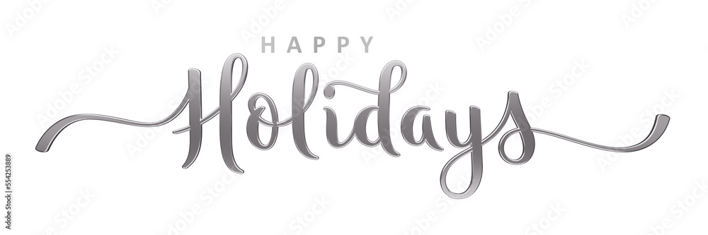 Fototapeta premium HAPPY HOLIDAYS silver brush lettering calligraphy banner with swashes on transparent background