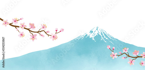和風背景素材　水彩風の富士山と桜の枝　白背景