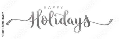HAPPY HOLIDAYS silver brush lettering calligraphy banner with swashes on transparent background