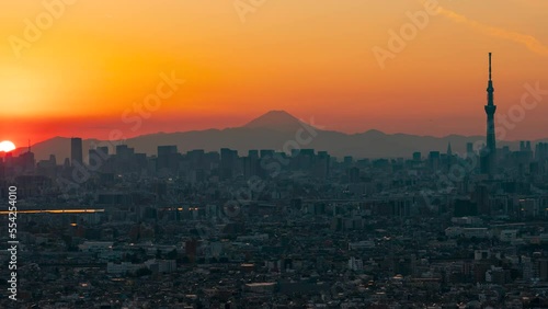 Timelapse video of Tokyo Skytree Christmas tree illumination and greater tokyo magic hour with Mt. Fuji silhouette (Zoom out)