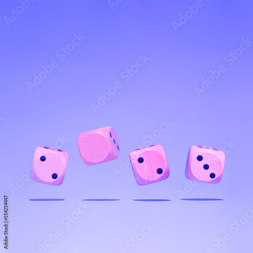 Four dice in vivid gradient neon colors with an abstract combination of numbers in 2023 - the symbol of the coming year. Minimal New Year background. Something exciting is coming!