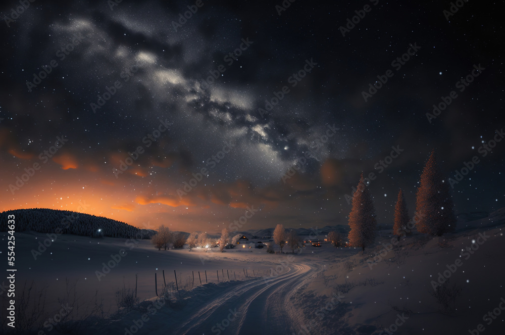 Beautiful night sky full of stars during winter season in the country. Dawn in winter. Generative AI Illustration. _ai_generated . High quality illustration