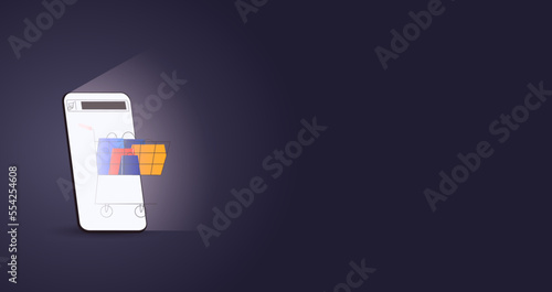 Night online shopping concept, online store, phone, basket, black background, template, web