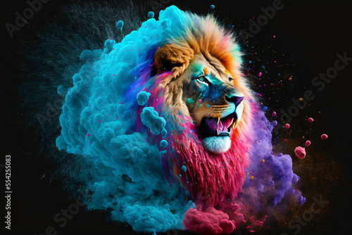 lion in the night, african wildlife, lone hunter isoated on dark clean background, colorful smoke, generative ai