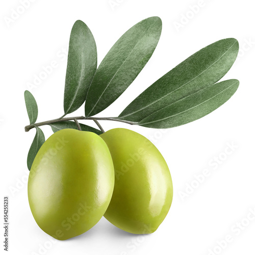 Ripe green olives with leaves, isolated on white background