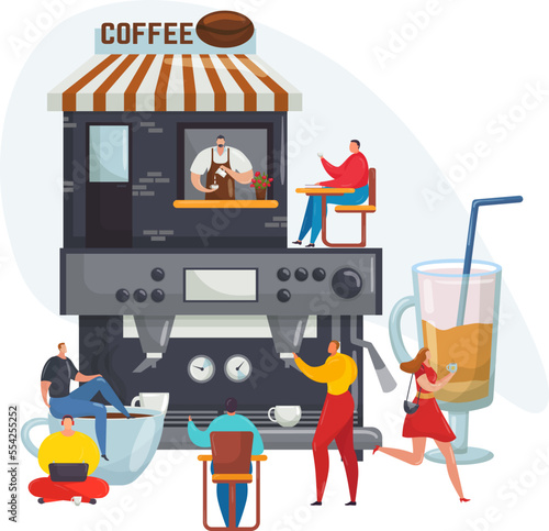 Person near coffee machine, hot drink flat menu vector illustration. Espresso...
