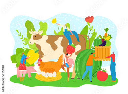 Food fruit vegetable farm agriculture market, flat farm non gmo product, vector illustration. Man woman character with healthy organic plant food.