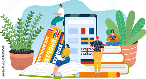 Education online, study knowledge in internet web technology vector illustration. School book in smartphone, people flat student