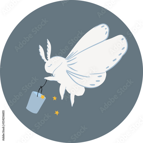 Sticker template of cute night moth with stars. Adorable little moth, butterfly illustration on transparent background.