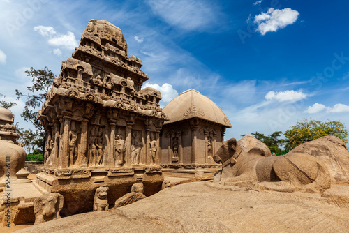 Five Rathas - ancient Hindu monolithic Indian rock-cut architecture. Mahabalipuram, Tamil Nadu, South India