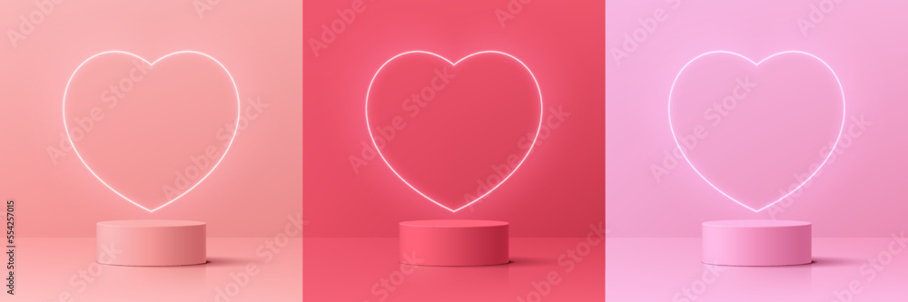 Set of 3D valentine day background with pink, coral red realistic cylinder pedestal podium. Neon light heart shape. Vector geometric form. Mockup product display. Minimal wall scene. Stage showcase. - obrazy, fototapety, plakaty 