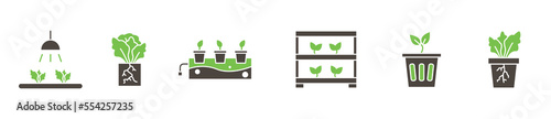 Nutriculture farm modern colored icon set, hydroponics farming concept, aquaculture seedlings flat style vector icons, tray micro greens emblems, vegetables tank harvest symbols isolated on background