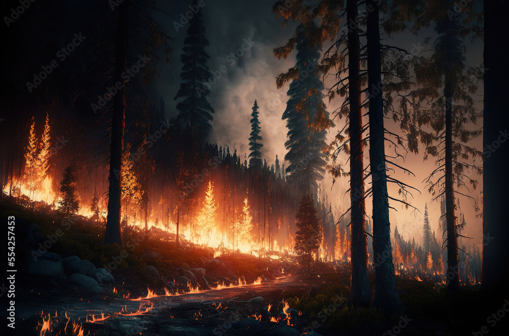  Wildfire in the forest. Forest fire during the night - natural disaster. Generative AI Illustration. _ai_generated . High quality illustration