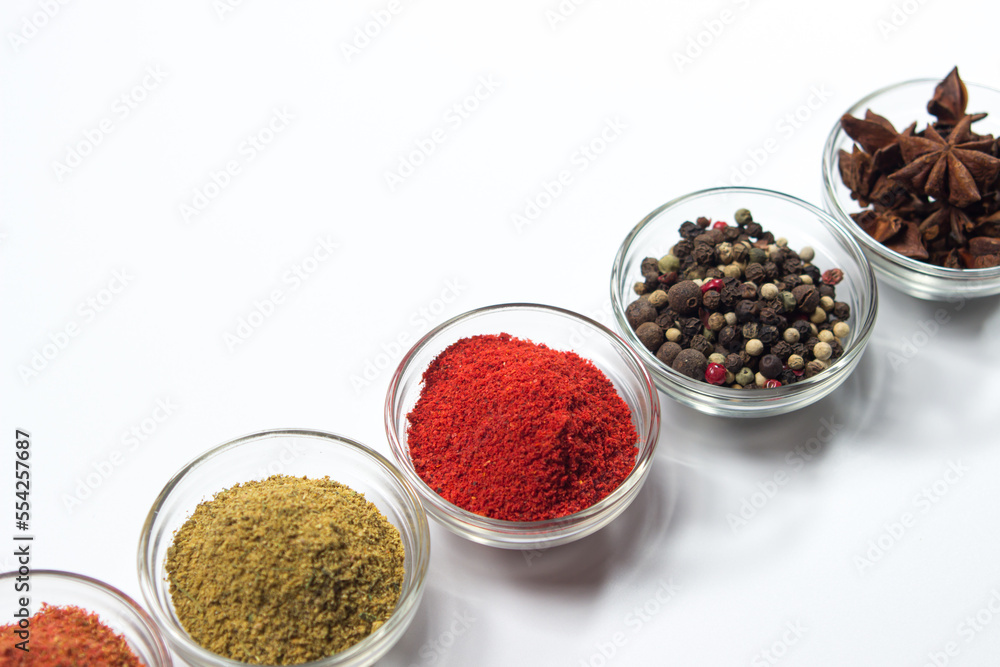 Various spices on a white background. Set of different spices Various spices on a white background. Set of different spices