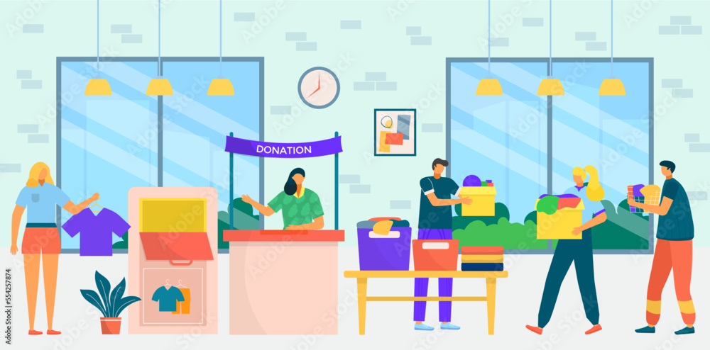 Charity donation work, people collect clothes for donation care, vector illustration. Social assistance with donate box concept. Charity donation work, people collect clothes for donation care, vector illustration. Social assistance with donate box concept.