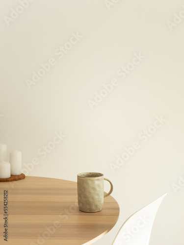 Aesthetic morning wooden table miminalist home decor © Olha Kozachenko