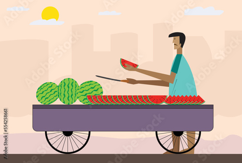 illustration of south Indian roadside watermelon trolley shop. street vendor and summer conceptual flat design.