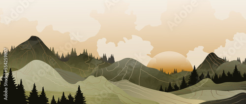 Abstract art, mountain vector landscape with sun and clouds. Watercolor green mountains with trees and golden lines. Design for wall decoration, print, cover, wallpaper, vip card.