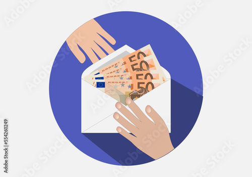 Pago en efectivo con sobre lleno de billetes de 50 euros. Pago en mano