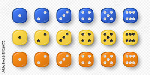 Vector 3d Realistic Blue, Yellow, Orange Game Dice Icon Set Closeup Isolated. Game Cubes for Gambling, Casino Dices From One to Six Dots, Round Edges