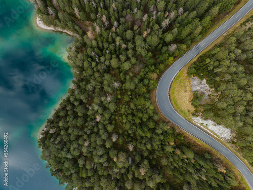 Aerial View of Lake Blindsee and the Fernpass Street in the Austrian Alps. photo