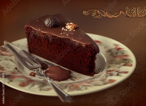 Schokoladekuchen mit Besteck auf Teller mit Ornamenten, saftig und aromatisch, generative AI photo