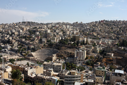Panorama view of Roman theater in capital city Amman, view from citadel, Jordan 