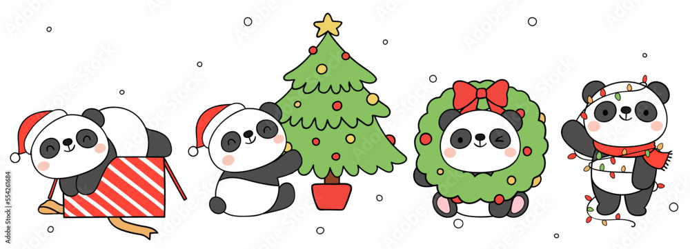 Draw cute panda bear in snow for Christmas and winter