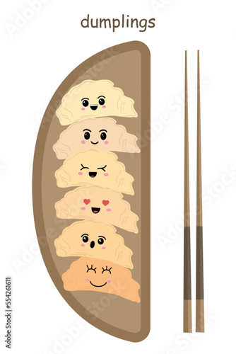 A set of cute dumplings in the style of kawaii. Vector illustration of Asian cuisine.