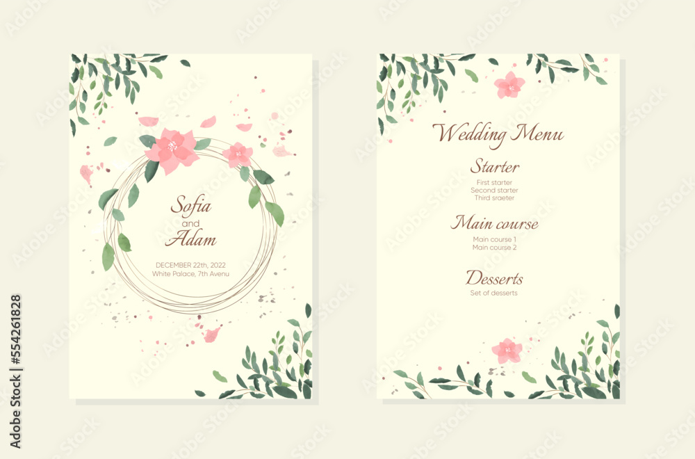Wedding invitation and menu template with watercolor leaves
