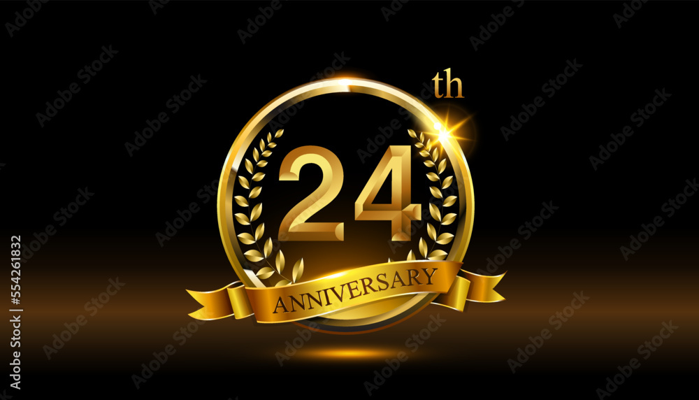 24th anniversary logo with golden ring, confetti and Gold ribbon ...